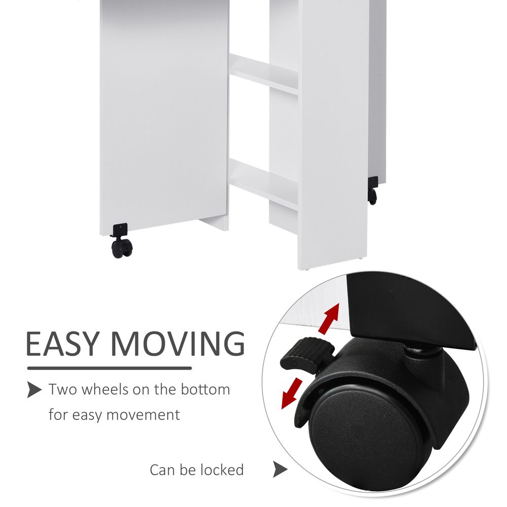 Space-Saving Folding Desk Table - Mobile Drop Leaf - Wheel Storage Shelves - White