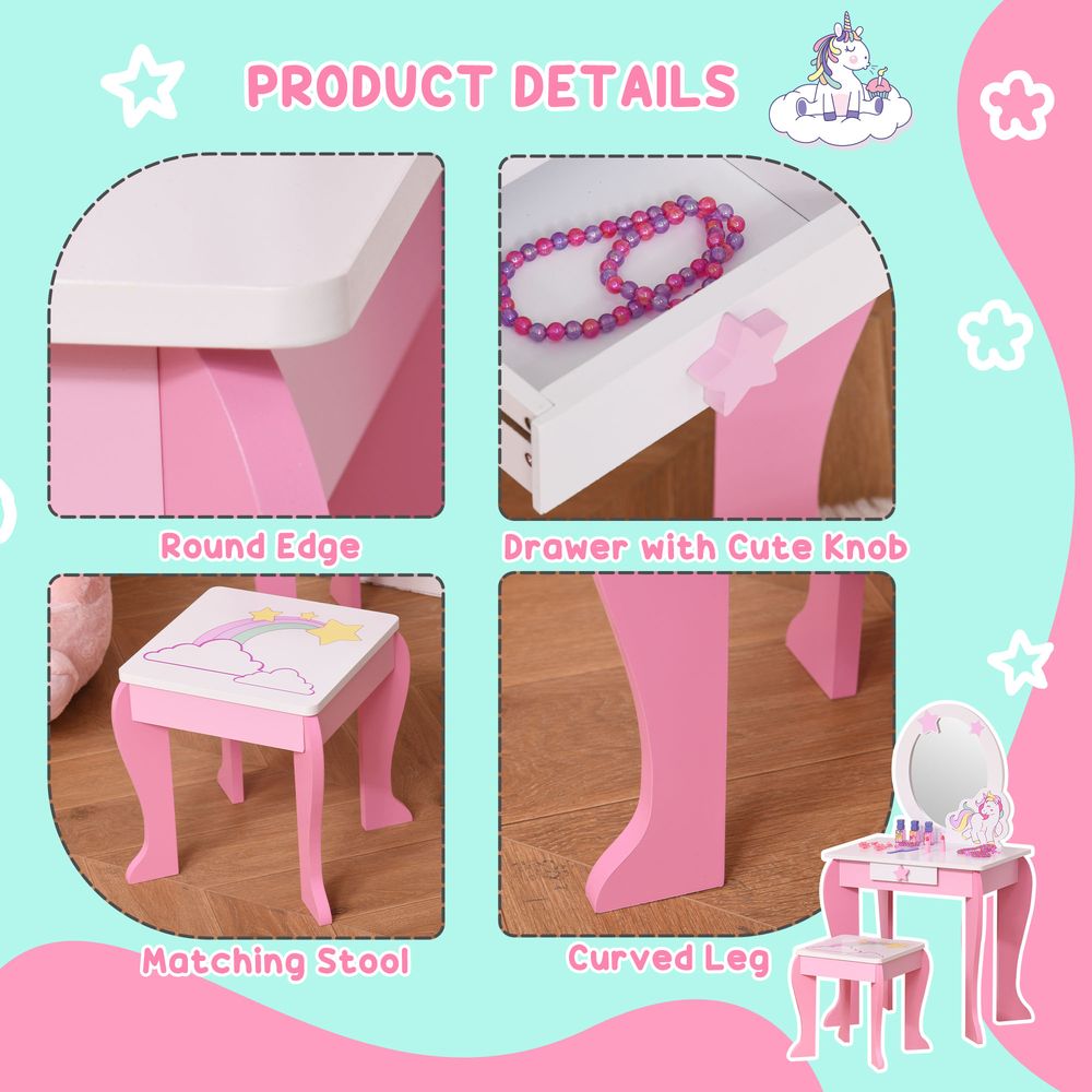 Magical Unicorn Girls Vanity Set with Mirror and Stool, Ages 3-6