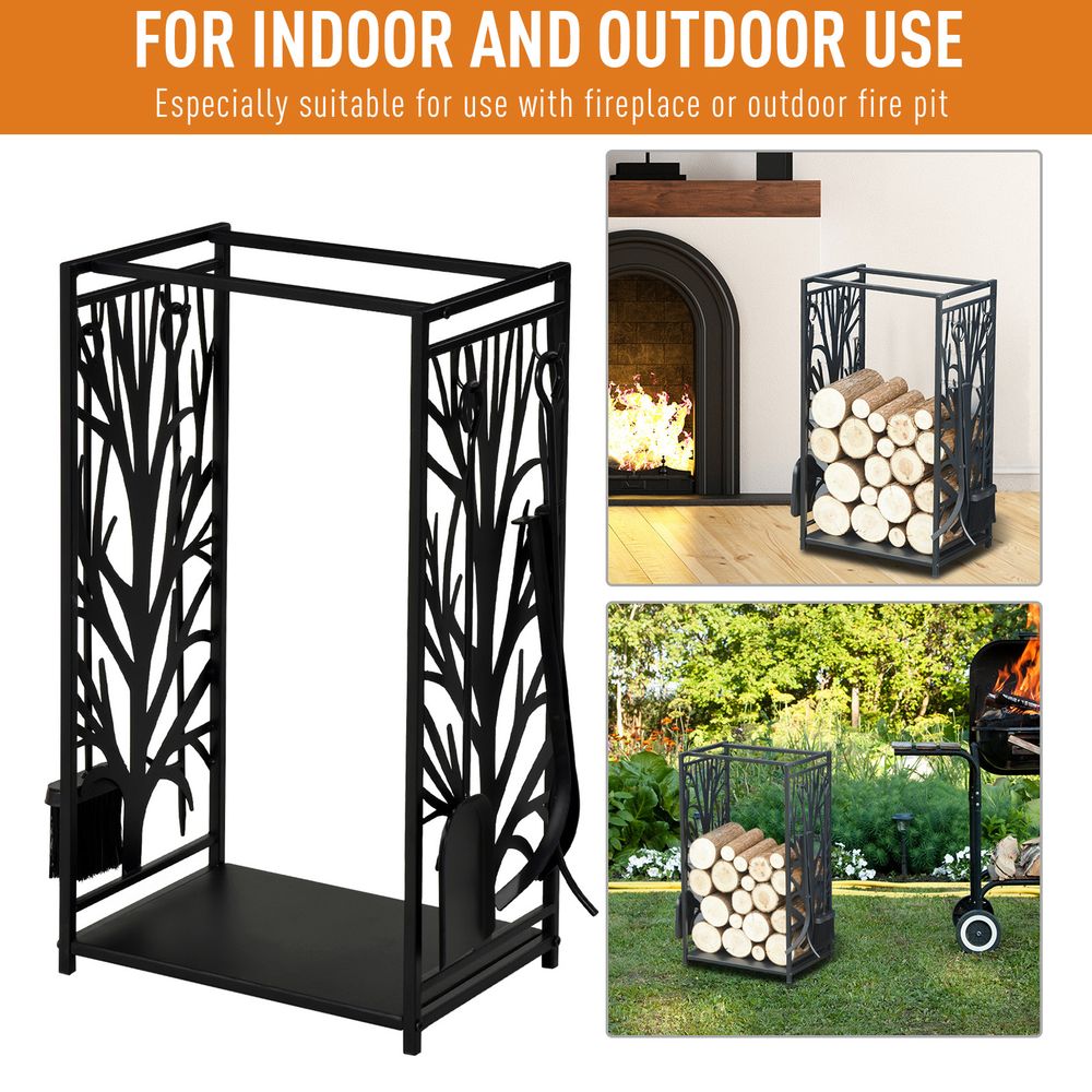Firewood Log Rack with Four Fireplace Tools