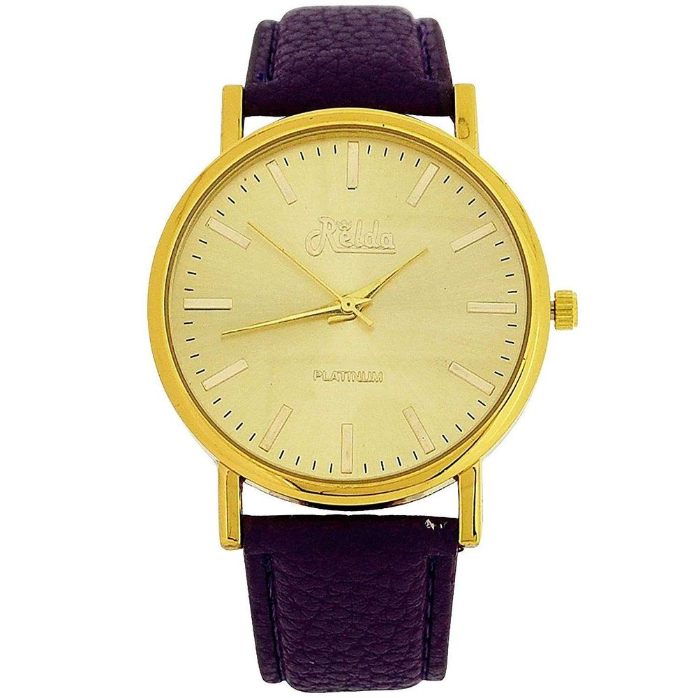 Women's Analogue Watch - Jumbo Gold Dial with Purple Leather Strap