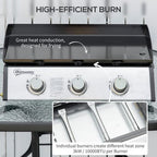Portable Gas Plancha BBQ Grill with 3 Stainless Steel Burner, 9kW