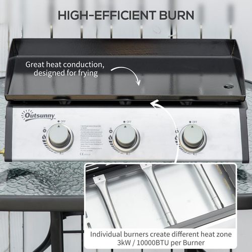 Portable Gas Plancha BBQ Grill with 3 Stainless Steel Burner, 9kW