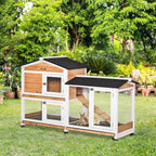 Rabbit Hutch Outdoor with Run Guinea Hutch 2-Tier Bunny Cage w/Wheels No-Leak Plastic Tray 157.4 x 53 x 99.5 cm - Yellow