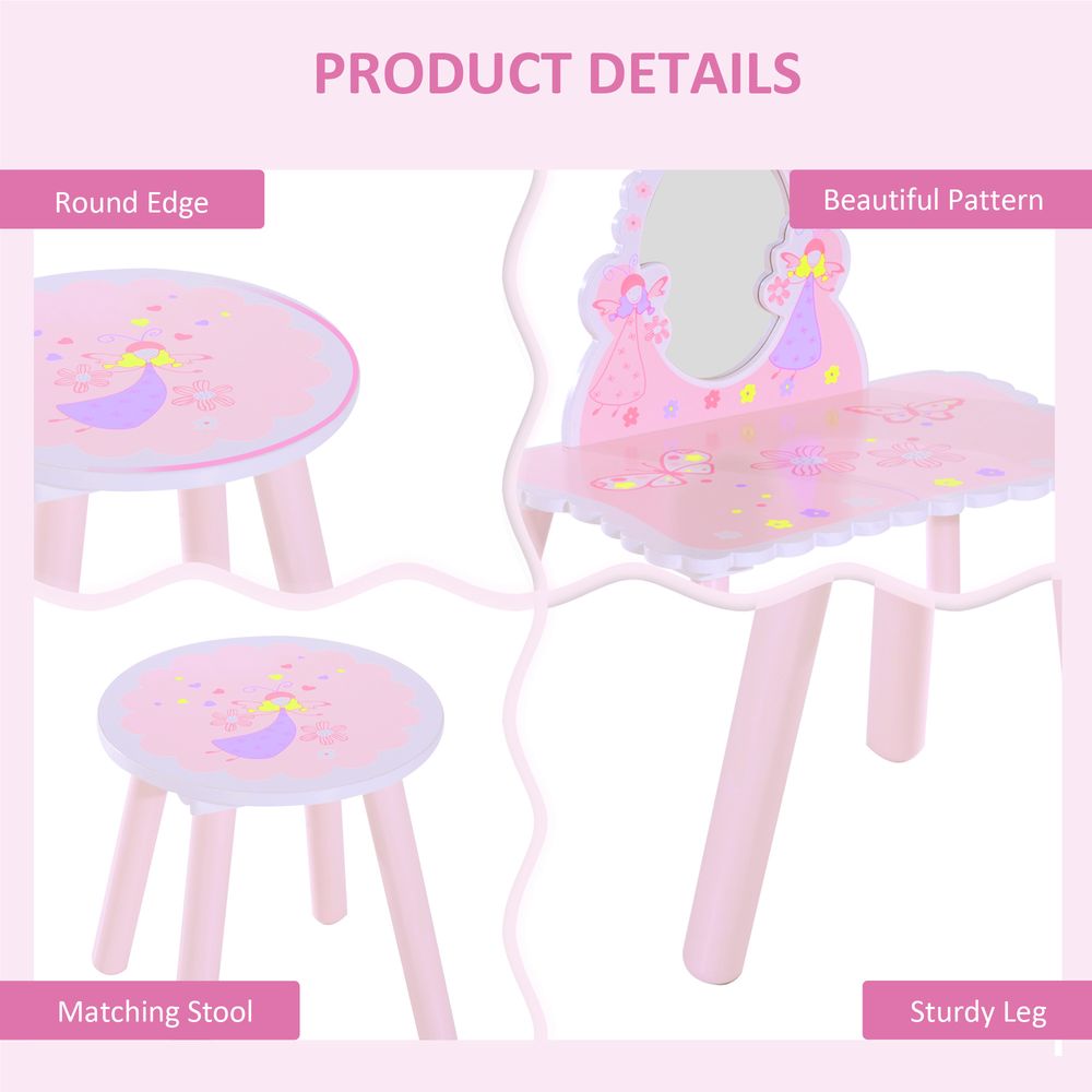 Kids Dressing Table Girls Pink Wooden Kids Dressing Table & Stool Make Up Desk Chair Toys Fairy Dresser Play Set w/Mirror