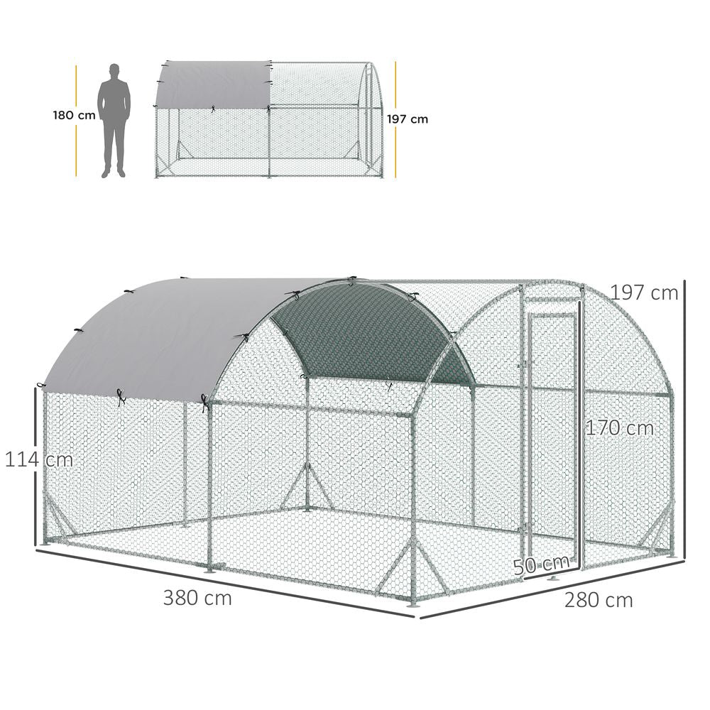 Walk In Chicken Run Galvanised Chicken Coop Hen Poultry House Cage Rabbit Hutch Pet Playpen Garden with Water-Resist Cover, 2.8 x 3.8 x 2m