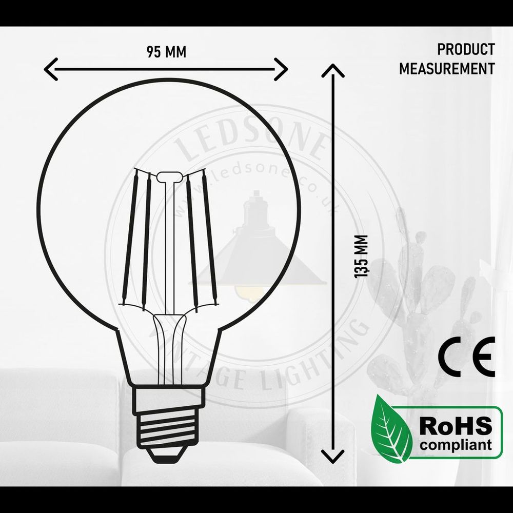 Vintage G95 E27 4W LED Filament Bulb Retro 2700K Warm White Screw Bulb
