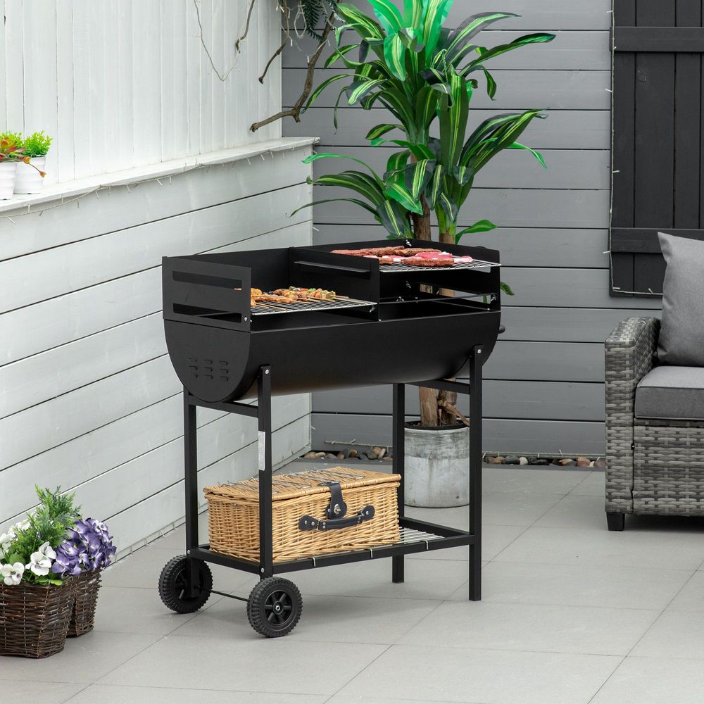 Steel 2-Grill Charcoal BBQ w/ Wheels - Black