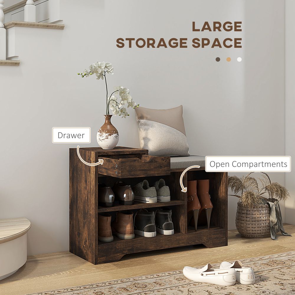 Upholstered Entryway Shoe Bench with Storage Drawer Open Shelf Brown