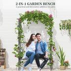 Garden Metal Arch Bench Outdoor 2-Seater Chair, Patio Rose Trellis Arbour Pergola for Climbing Plant Vintage Classic Black 115L x 50W x 203H cm