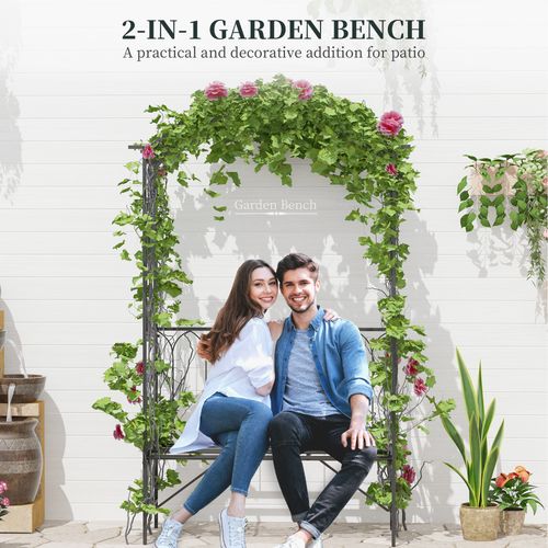 Garden Metal Arch Bench Outdoor 2-Seater Chair, Patio Rose Trellis Arbour Pergola for Climbing Plant Vintage Classic Black 115L x 50W x 203H cm