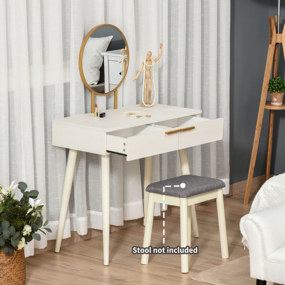 Elegant White Dressing Table with Round Mirror & 2 Drawers - Makeup Vanity Desk