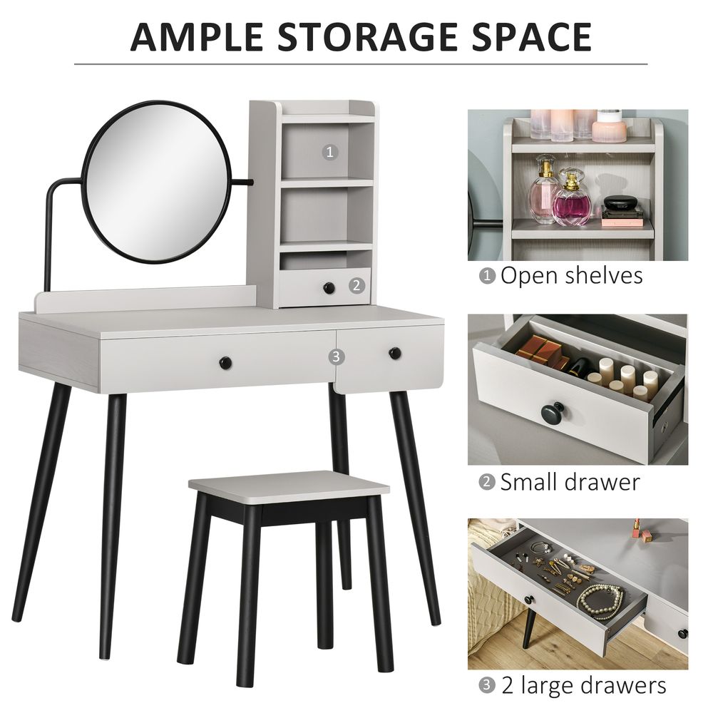 Grey Dressing Table Set: 3 Drawers, Storage Shelves & Stool - Stylish