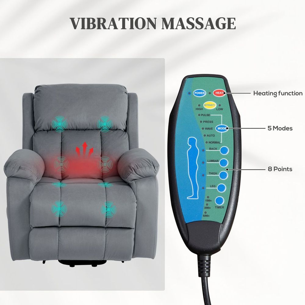 Lift Chair Riser and Recliner Chair with Vibration Massage, Heat, Grey