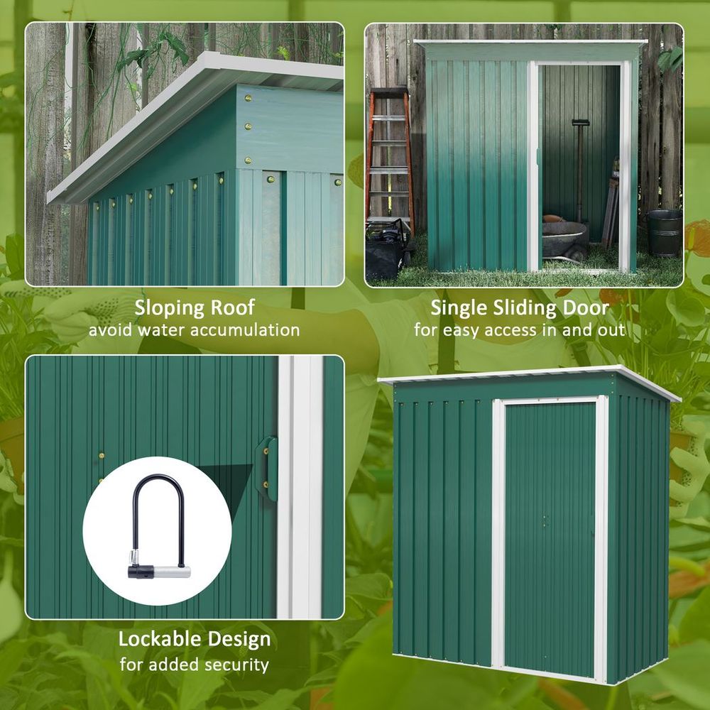 5 x 3ft Garden Storage Shed Sliding Door Sloped Roof Tool Green