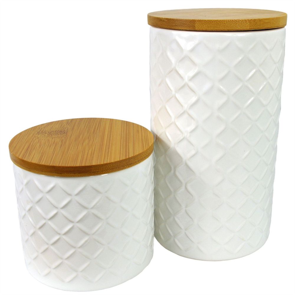 Set of Two Ceramic Jars Embossed Cream Canisters with Lids in Ceramic