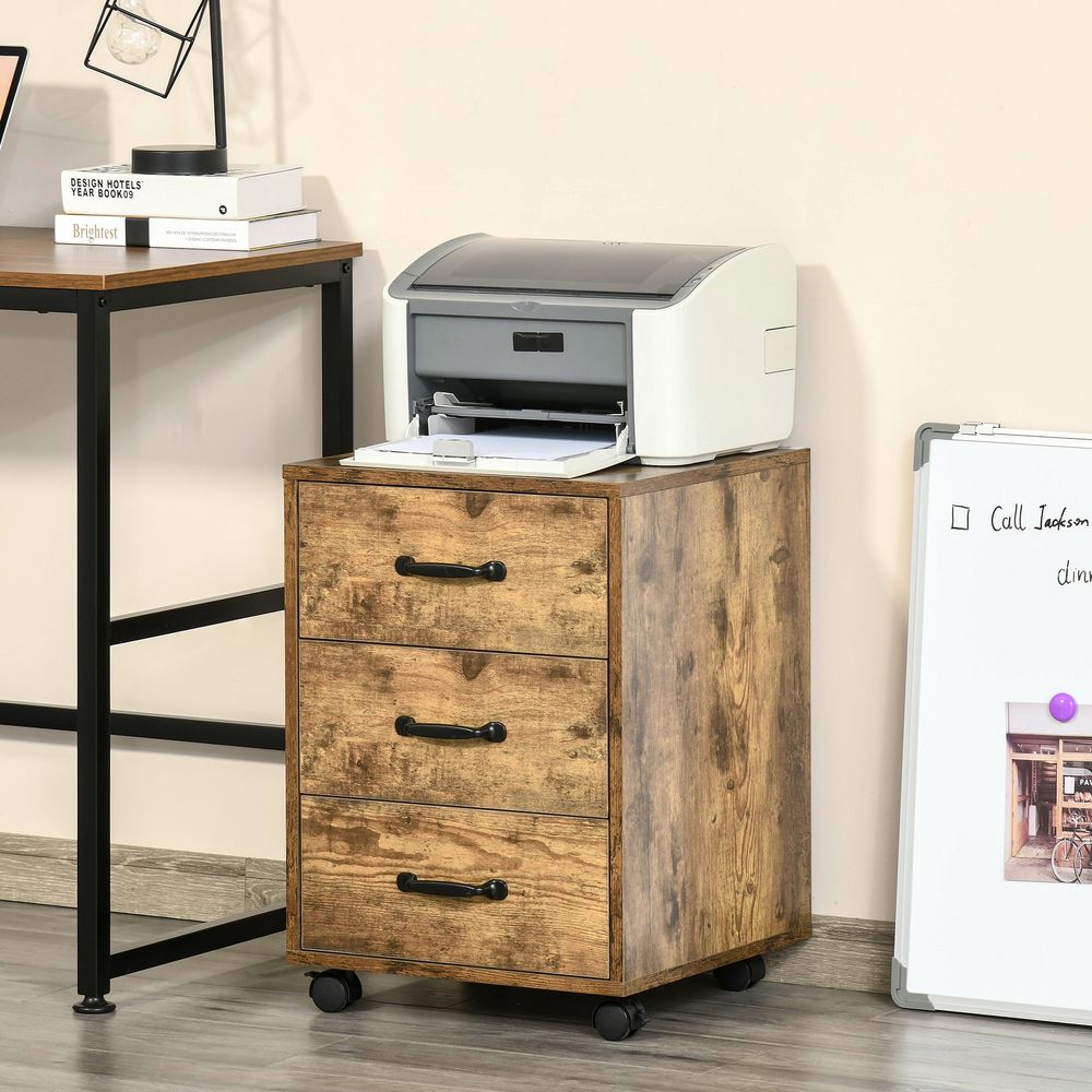 Mobile File Cabinet with 3 Drawers, Under Desk Home Office Organizer, Rustic Brown