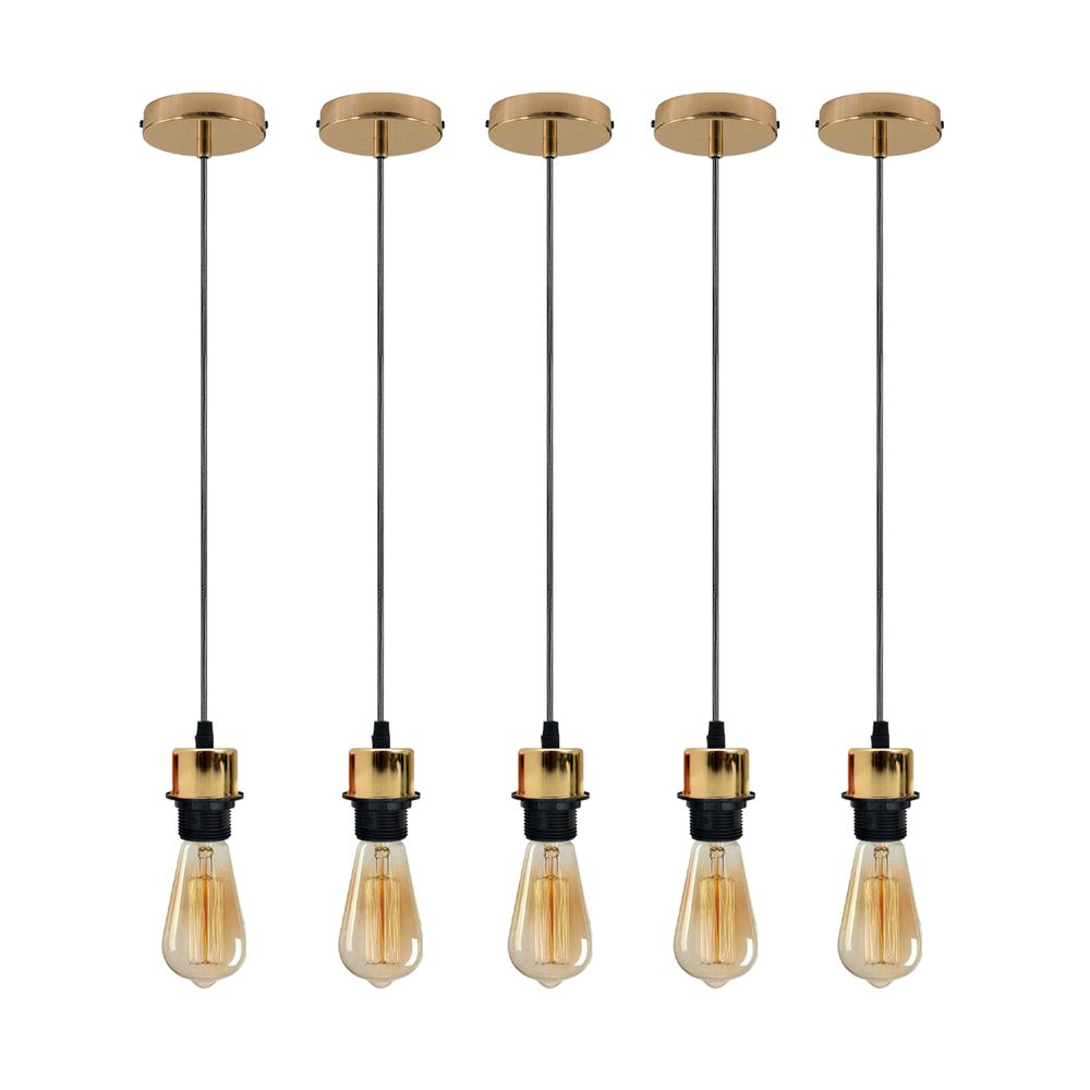 5 Pack Industrial French Gold Pendant Light, Lampshade Addable E27 Lamp Holder Light, E27 UK Holder Set With PVC Cable