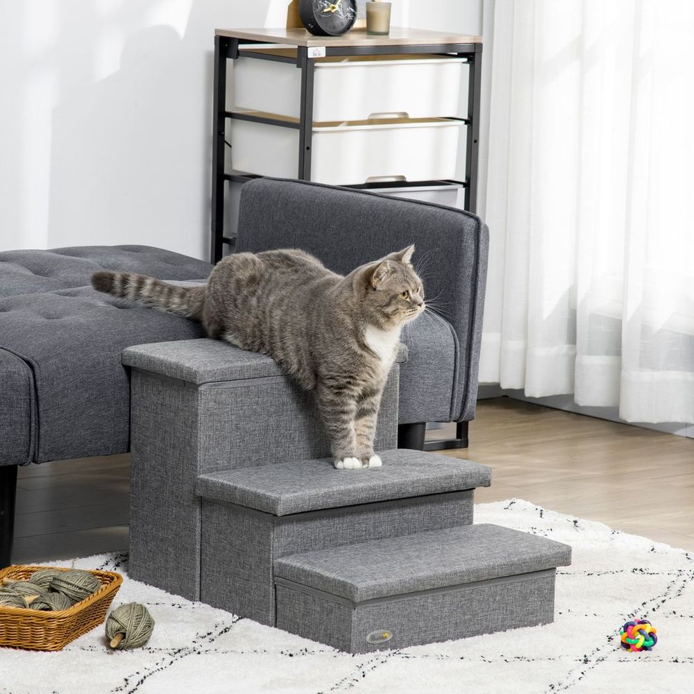 3 Step Dog Steps with Storage Boxes, Cat Stairs for Bed Sofa, Light Grey in Grey