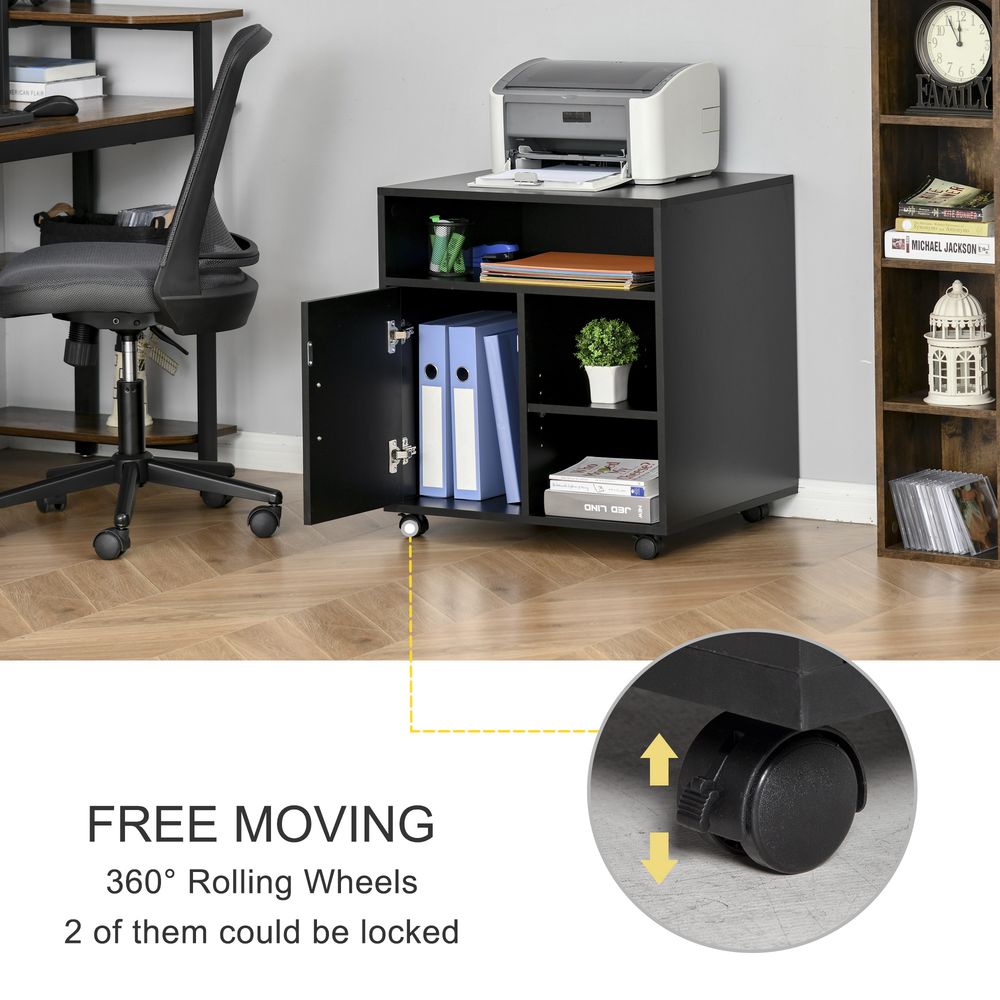 Multi-Storage Printer Stand Unit Office Desk Side Mobile Storage w/Wheels Modern Style 60L x 50W x 65.5H cm - Black