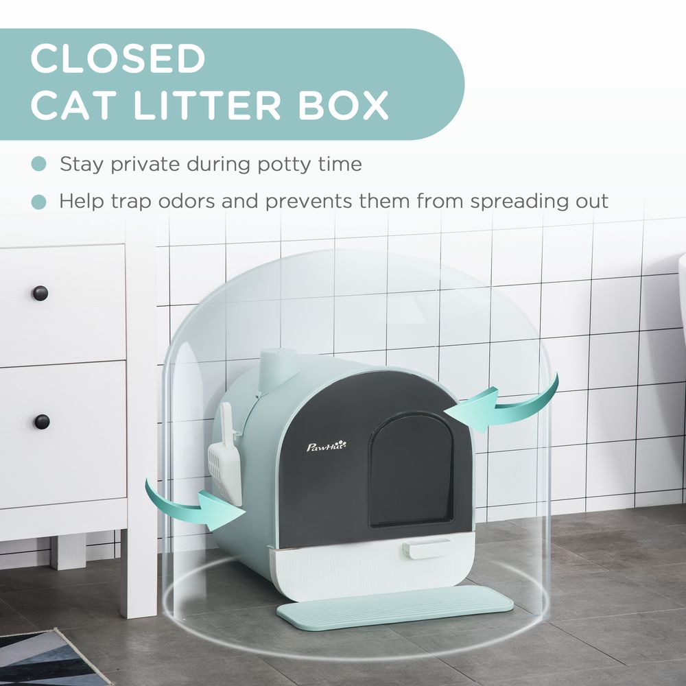 Cat Litter Box Kitten Litter Tray w/Hood, Scoop, Filter, Flap Door, 43 x 44 x 47cm - Green