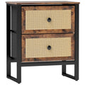 Bedside Table with 2 Rattan Drawers and Steel Legs, Rustic Brown