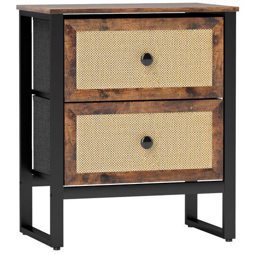 Bedside Table with 2 Rattan Drawers and Steel Legs, Rustic Brown