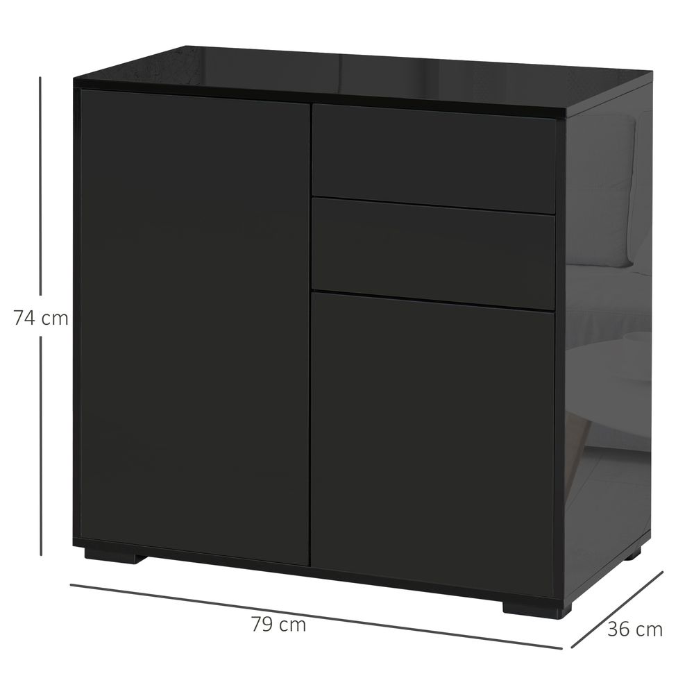 Glossy and Matte Side Cabinet with 2 Door & 2 Drawer - for Home Office - Black
