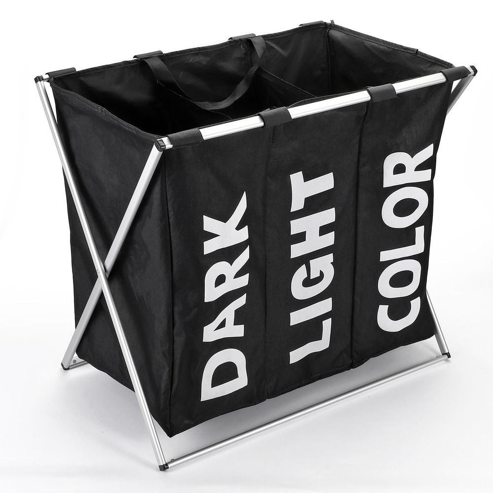 X-Shape 3 Section Laundry Sorter - Dark, Light & Color - Waterproof & Sturdy - L63xW40xH58cm Black