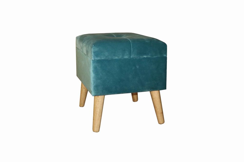 Velvet Footrest Trunk - Blue - Storage Compartment, Wooden Legs