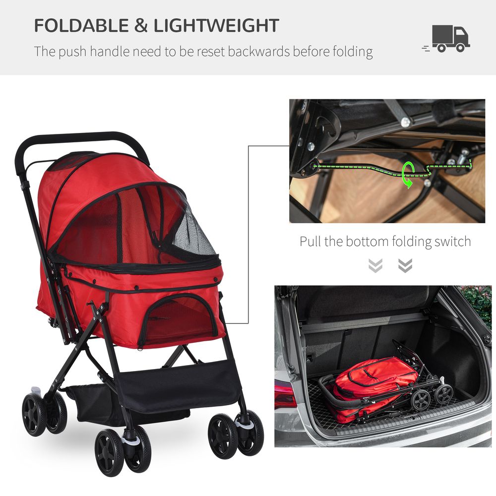Dog Stroller, Pet Stroller, Foldable Dog Cat Travel Pushchair with Reversible Handle, EVA Wheels, Brake, Basket, Adjustable Canopy, Safety Leash, for Small Dogs, Red