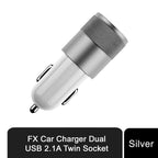 FX Car Charger 2.1A Twin USB Socket Universal Charger, Silver