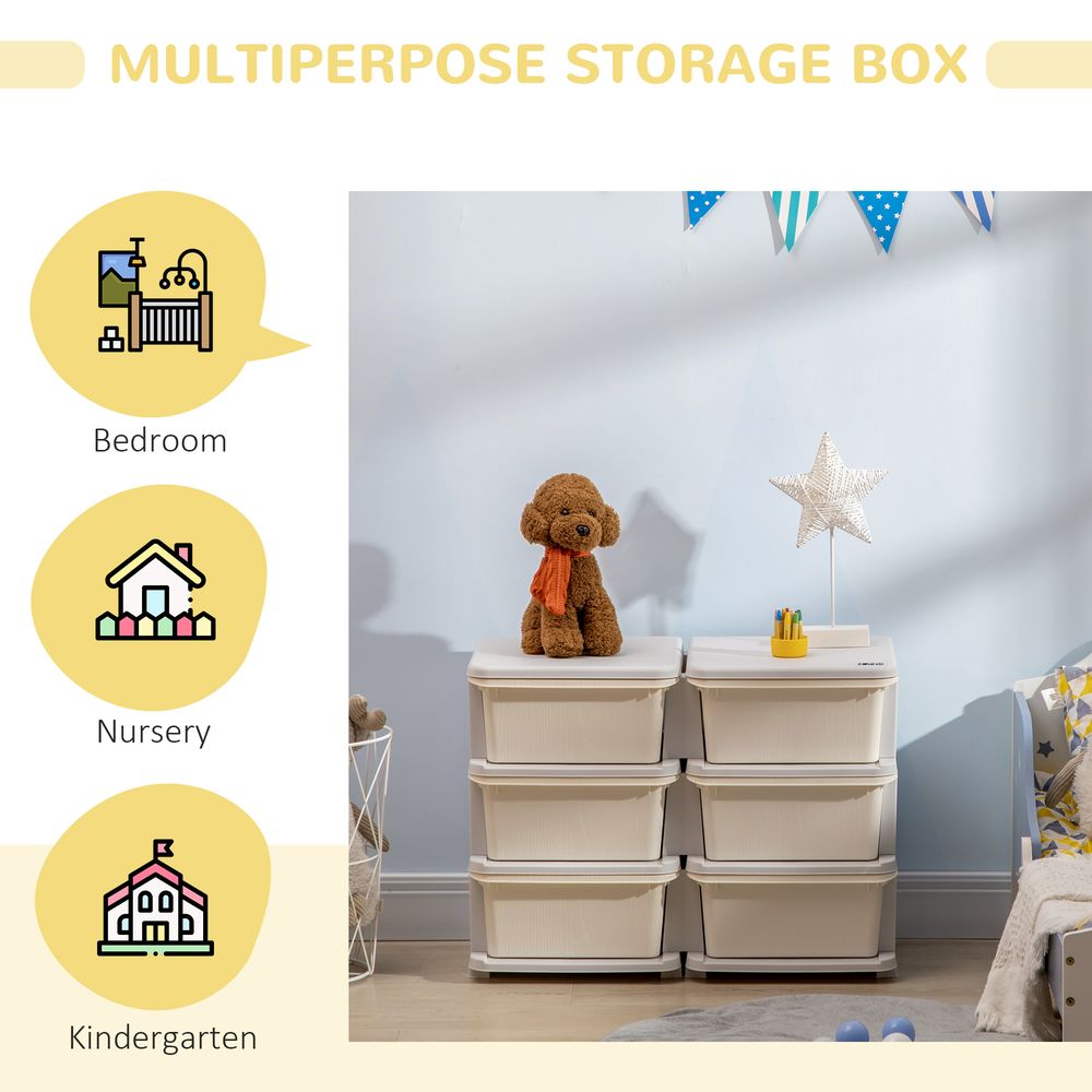 Kids Storage Units with 6 Drawers 3 Tier Chest Vertical Dresser Tower Toy Organizer for Nursery Playroom Kindergarten Cream