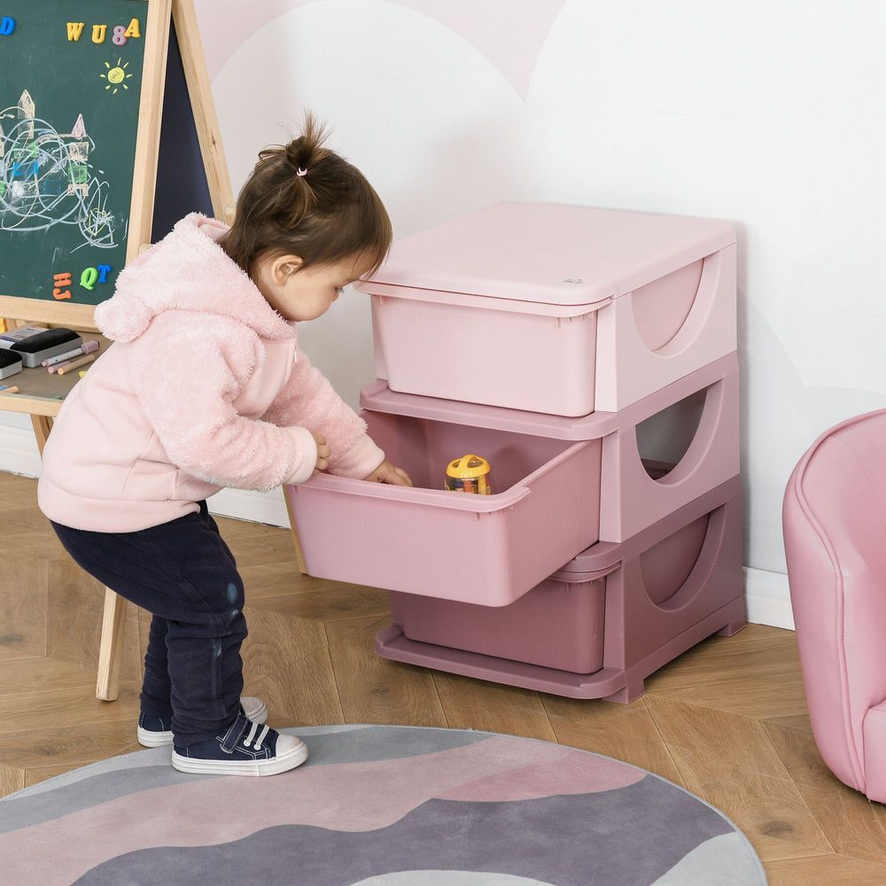 Kids Storage Units with 3 Drawers 3 Tier Chest Vertical Dresser Tower Toy Organizer for Nursery Playroom Kindergarten Pink