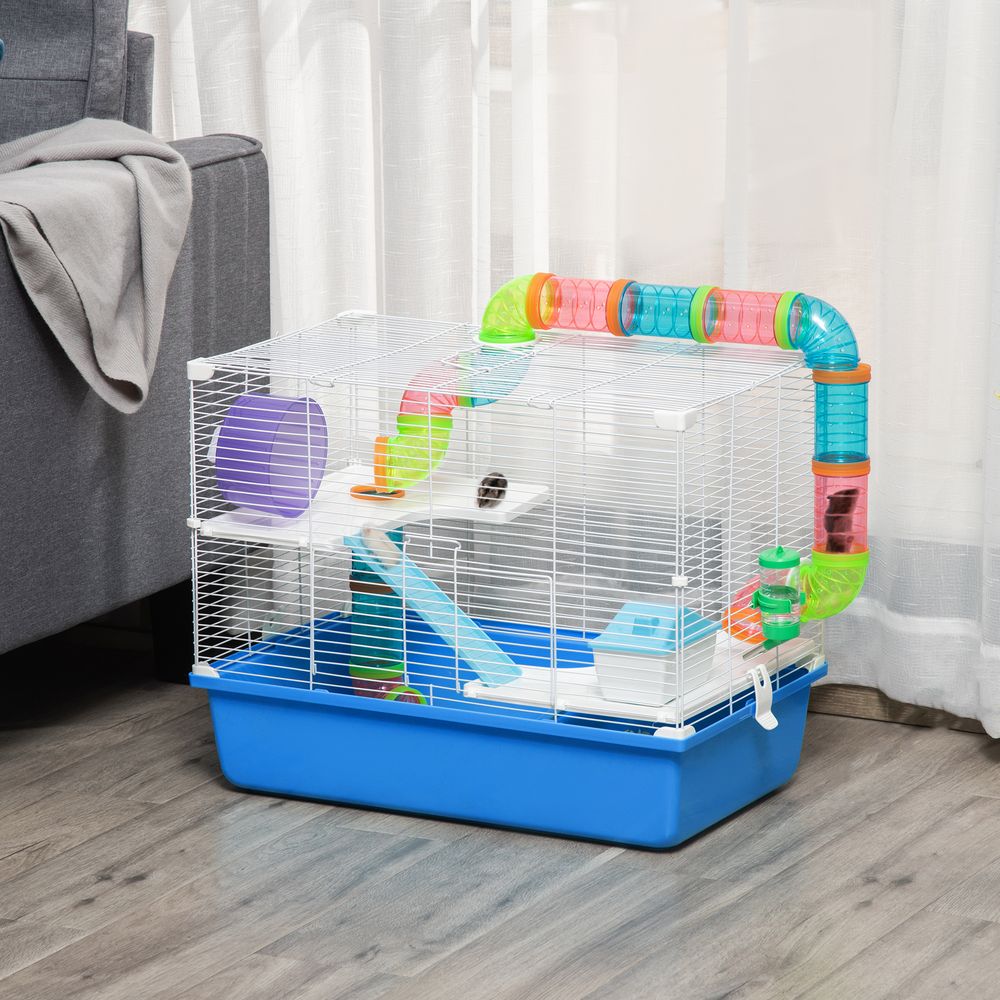 Hamster Cage with Tubes Tunnel 3 Level Rodent House with Exercise Wheel, Water Bottle, Food Dish, Ramp, Hut 59 x 36 x 47 cm- Blue