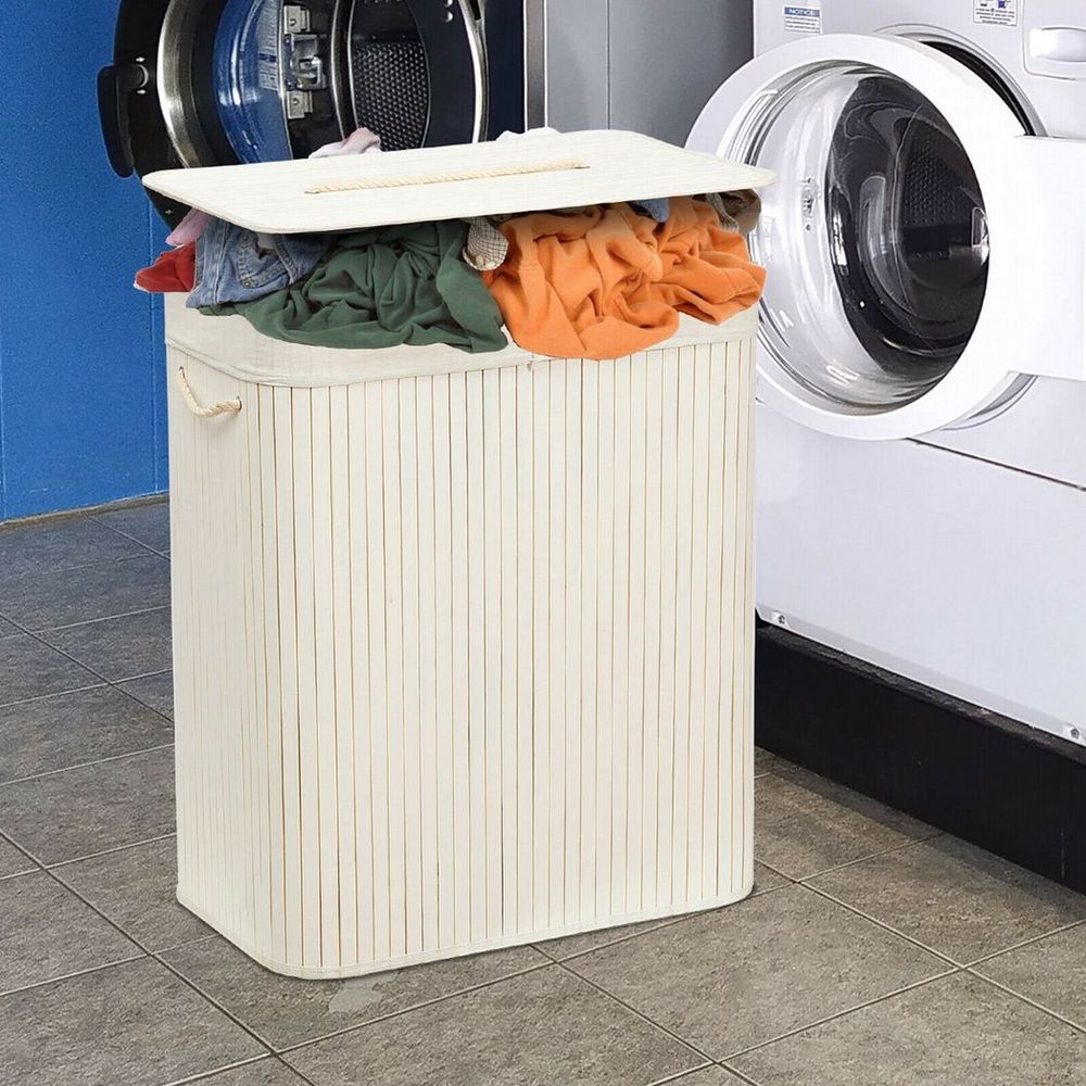 Organizer - Rectangular Bamboo Laundry Basket, White, Divider