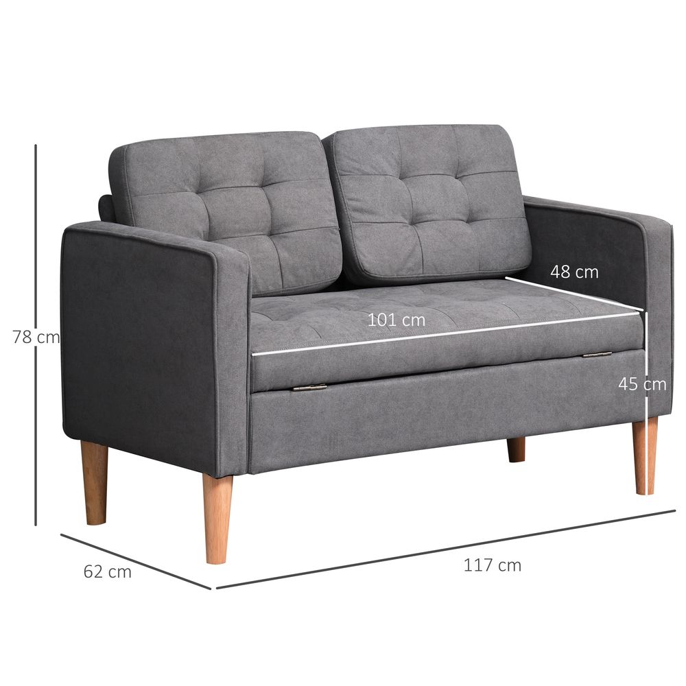 Compact Loveseat Sofa - 2 Seater with Storage & Wood Legs in Grey