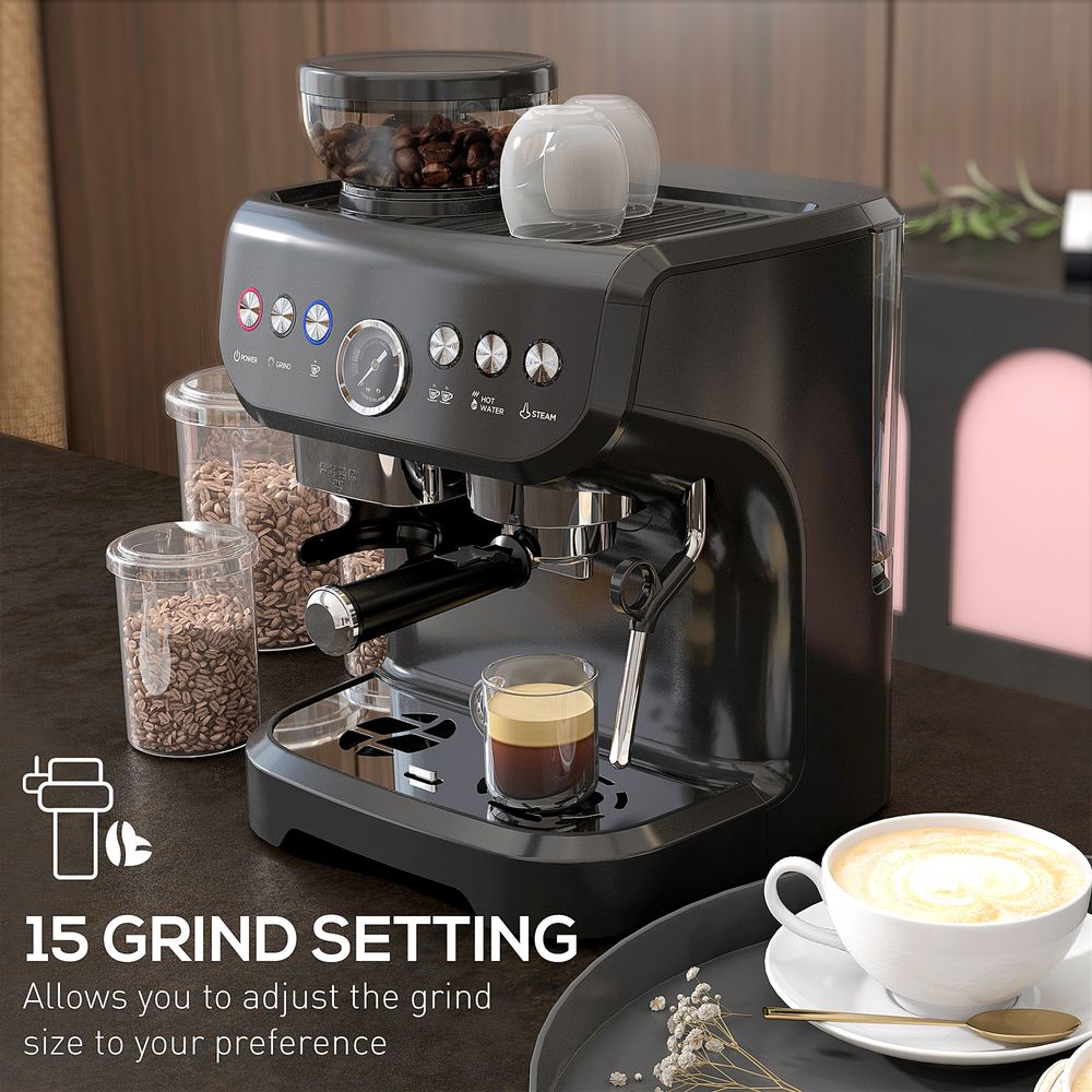 Espresso Machine w/ Integrated Grinder & Steam Wand - 15 Bar Pressure - Professional Quality