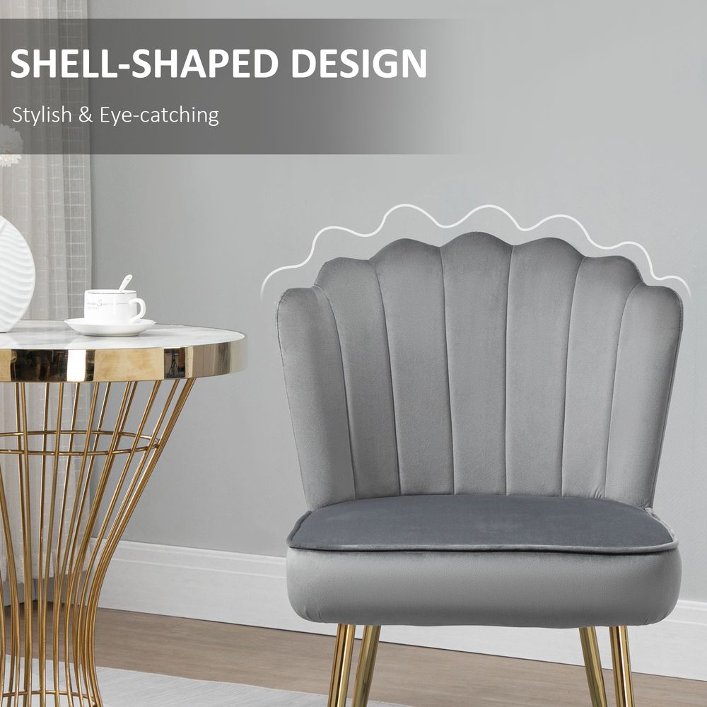 Velvet-Feel Shell Luxe Accent Chair, Glam Vanity Chair Makeup Seat, Home Bedroom Lounge with Metal Legs Comfort Padding, Grey