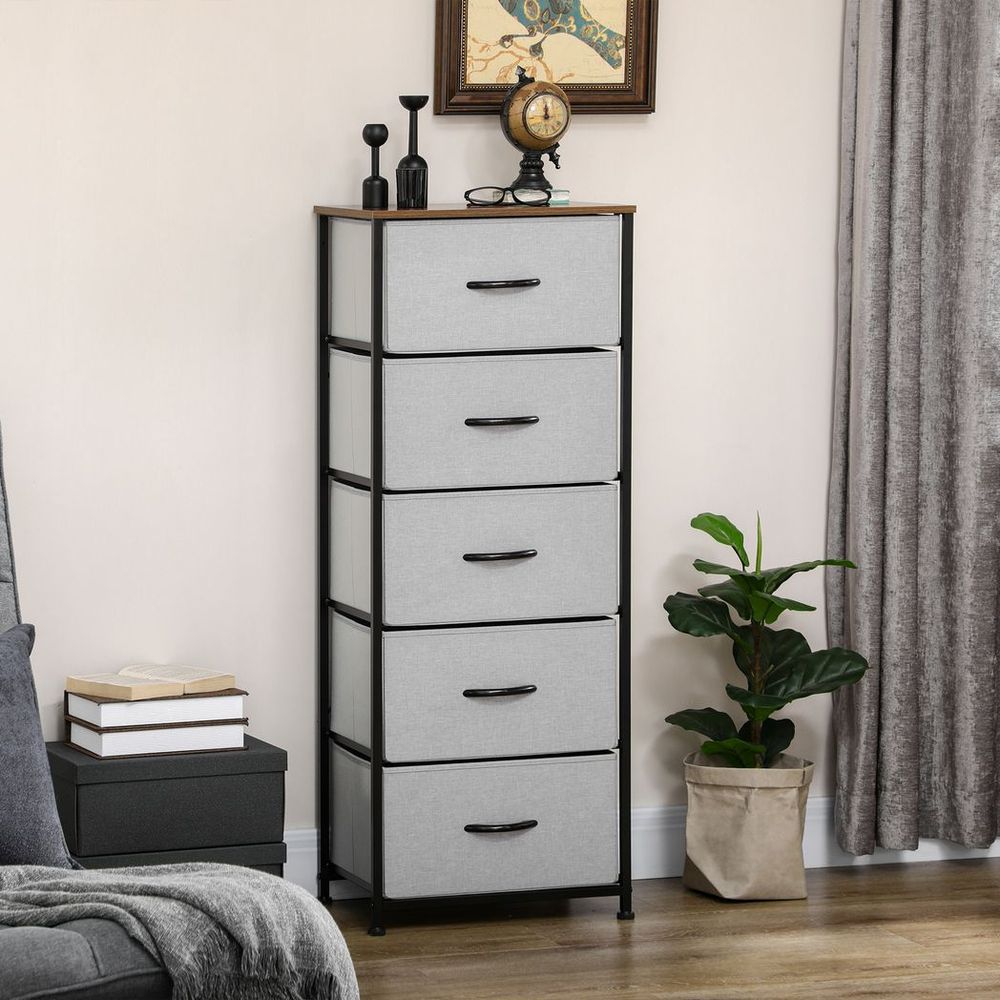 5 Drawer Fabric Chest - Wooden Top - Grey