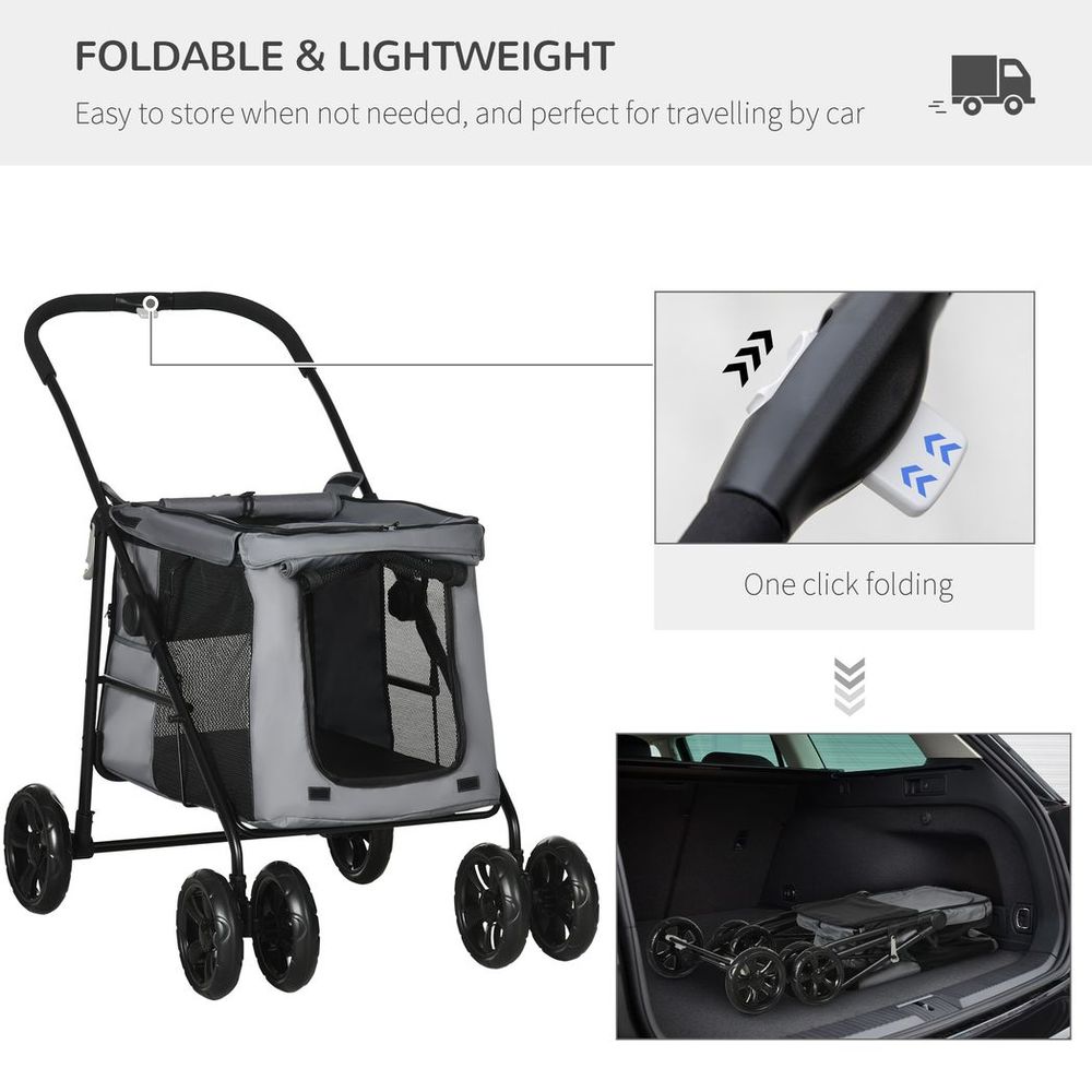 One-click Foldable Pet Stroller w/ Mesh Windows, for Small Pets - Grey