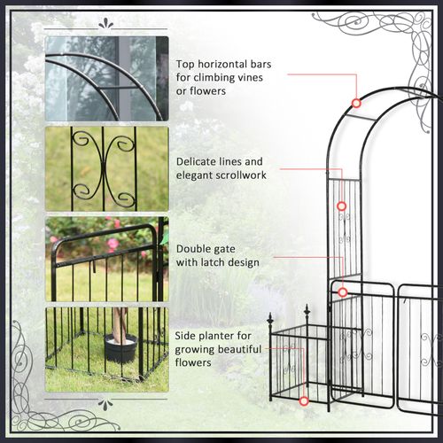 Metal Garden Arbor Arch Gate w/ 2 Side Planter Boxes & Vine Frame