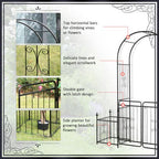 Metal Garden Arbor Arch Gate w/ 2 Side Planter Boxes & Vine Frame