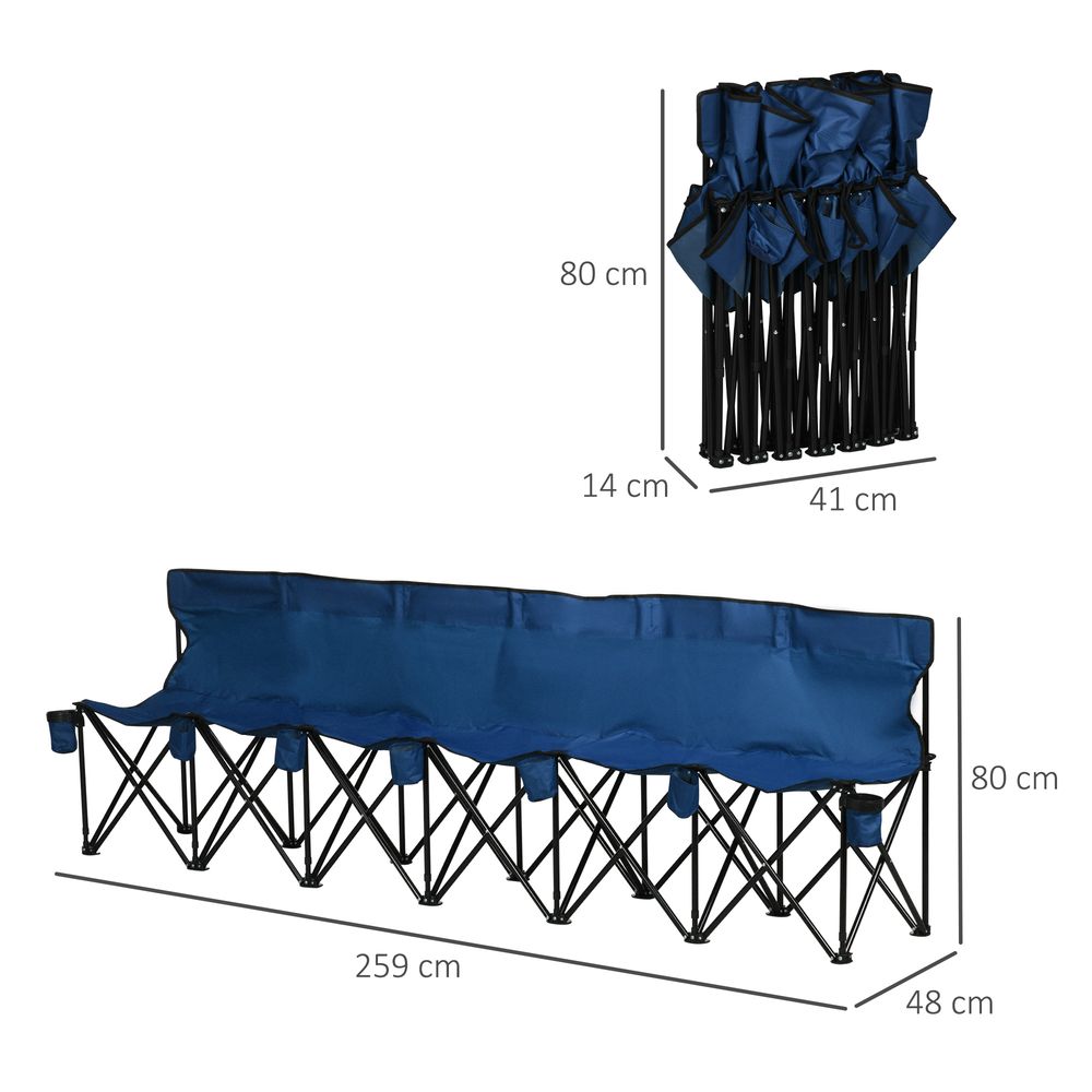 6 Seat Folding Bench - Multi Deck Chair - Cup Holder Camping Steel Blue