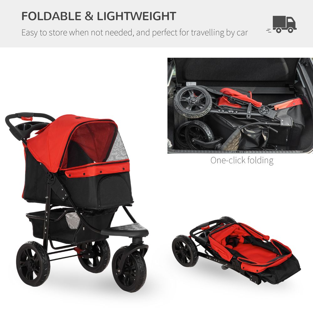 IE Located Folding Pet Stroller 3 Wheel Dog Jogger Travel Carrier Adjustable Canopy Storage Brake Mesh Window for Small Miniature Dog Cat Red