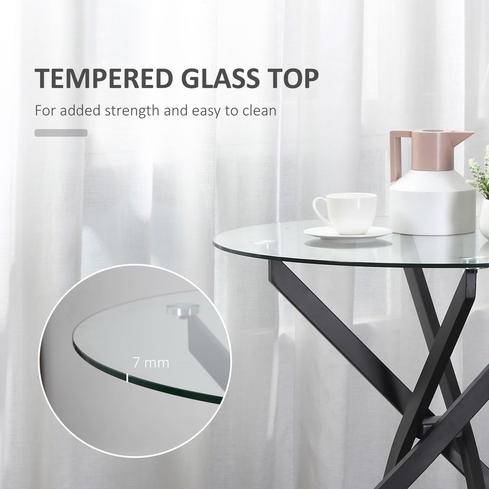 Dining Table with Clear Tempered Glass Top, Round Table with Metal Legs, Modern Kitchen Table for Dining Room Living Room, Black