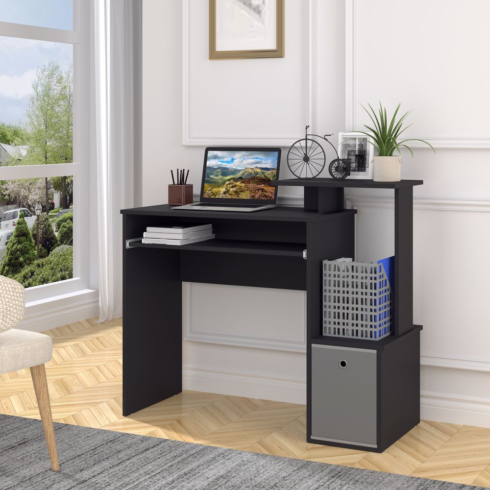Black Computer Desk with Sliding Keyboard Tray & Storage Drawer - Unique Design