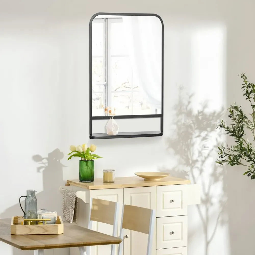 Sleek Square Wall Mirror w/ Shelf, 86x53 cm - Modern Mirrors for Living Room, Bedroom
