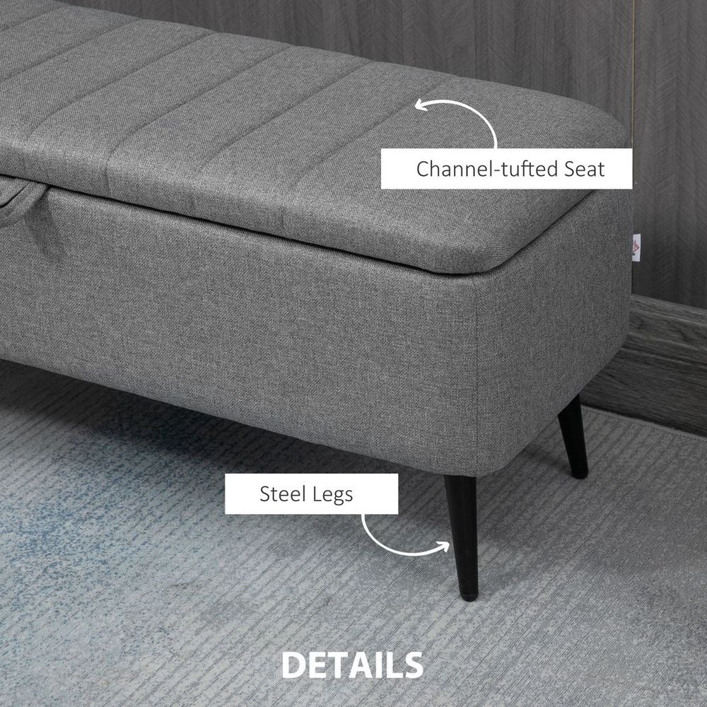 Storage Ottoman, Grey Linen Fabric, Steel Legs - Versatile Footstool Bench