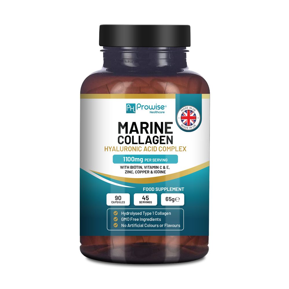 Marine Collagen with Hyaluronic Acid 1100mg | 90 Collagen Capsules High Strength for Women & Men | Vitamins C, E, B2, Biotin, Copper, Zinc & Iodine | Collagen Supplements Made in The UK