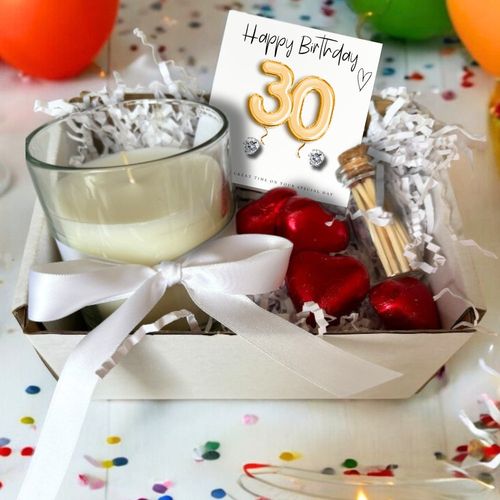 Small 30th Birthday Gold Balloons Gift Hamper - Cubic Zirconia Earrings, Chocolates & Candle